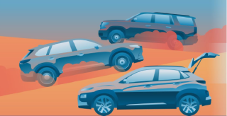 Saudi Arabia KSA SUV and Jeep Renta The image displays three SUV vehicles on an orange and blue gradient background, possibly a digital illustration showcasing a car advertisement.