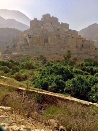 Saudi Arabia Southbound Spectacles and Sites: Adventure from the Red Sea golden gates to the misty mountains of antiquity A historical stone village with square buildings sits atop a hill surrounded by lush green vegetation, with mountains visible in the background.